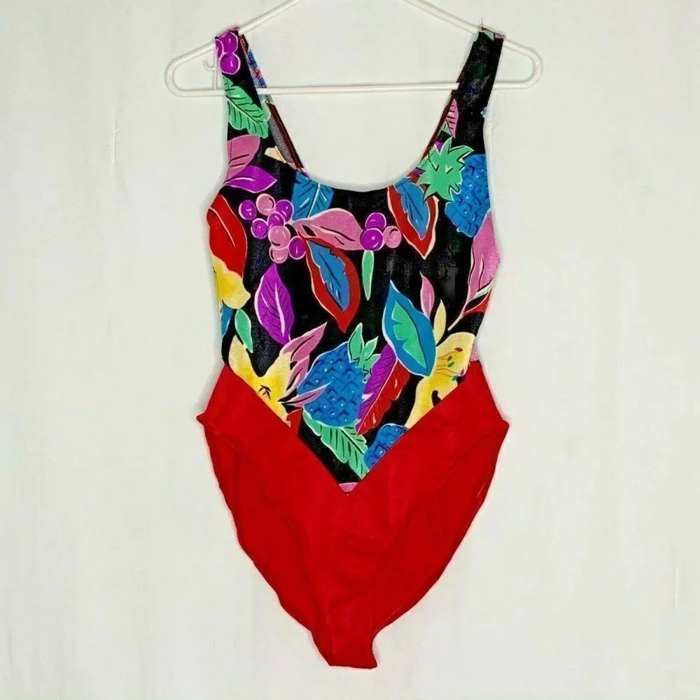 Vintage 80s Nicole Wise One Piece Swimsuit L Red